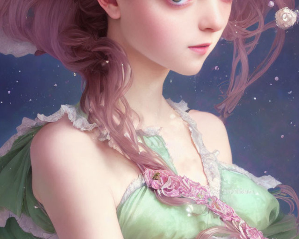 Digital artwork featuring young woman with violet eyes and wavy purple updo, in green dress with rose