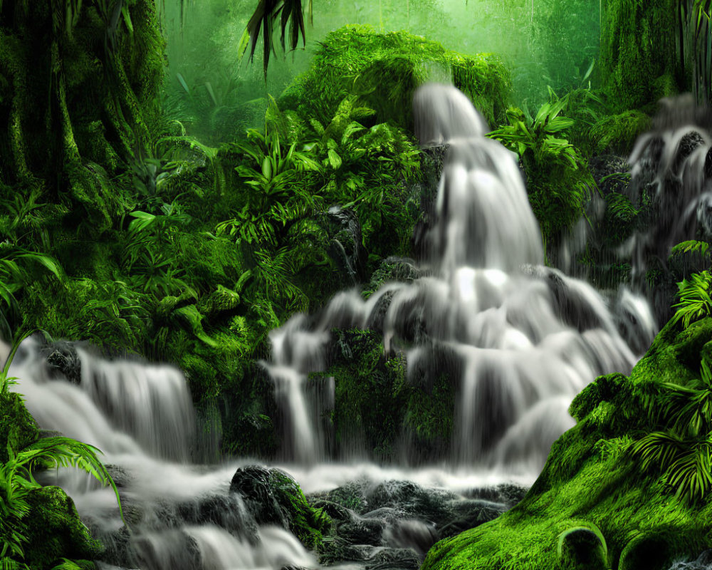 Serene forest scene with cascading waterfall and vibrant foliage