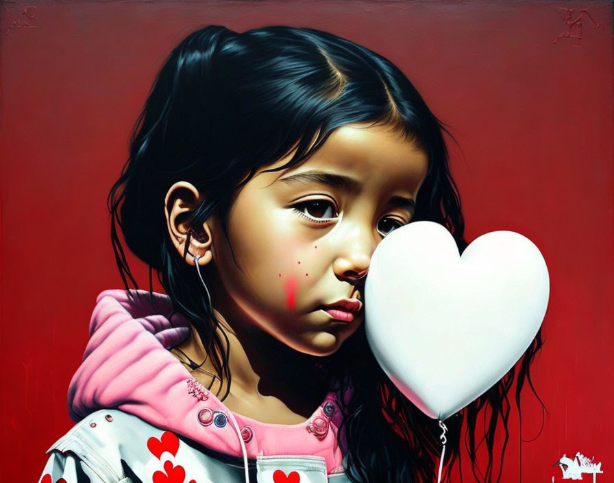 Young girl holding heart-shaped balloon against red background with paint detail.