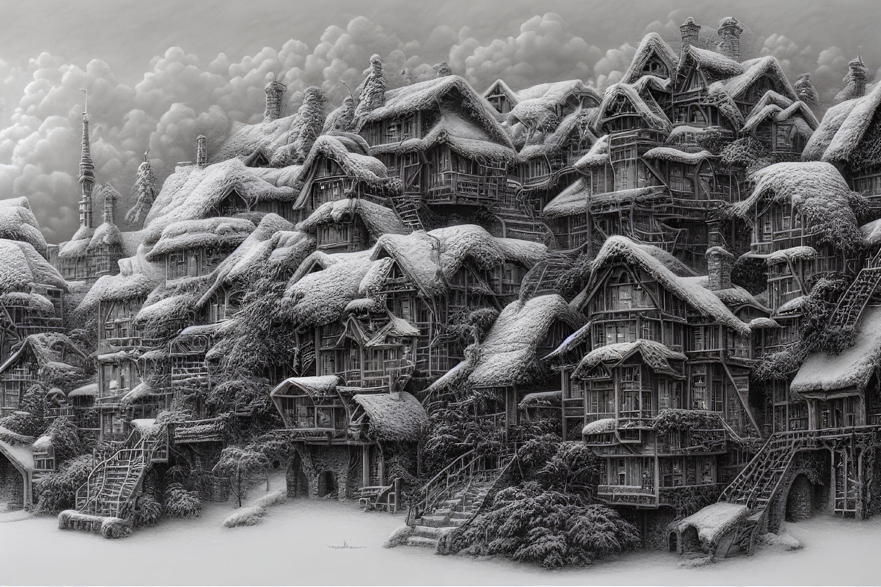 Snow-covered village with traditional houses and staircases in serene winter scene