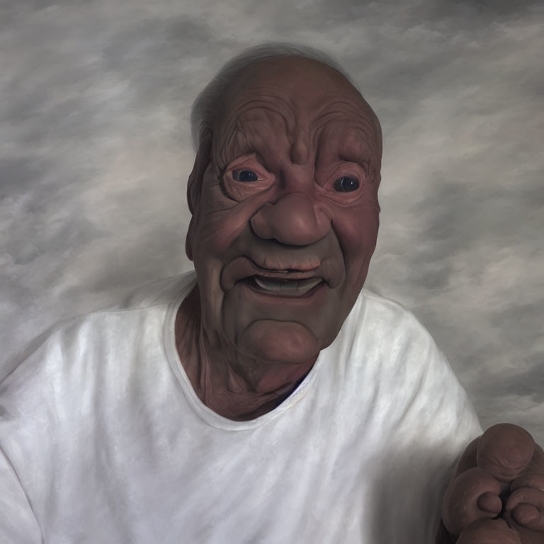 Elderly man with broad smile and bright eyes in white shirt on gray background