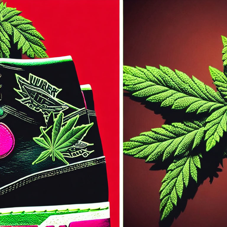 Split image: Sneaker with cannabis leaf design vs. real cannabis leaf on red background