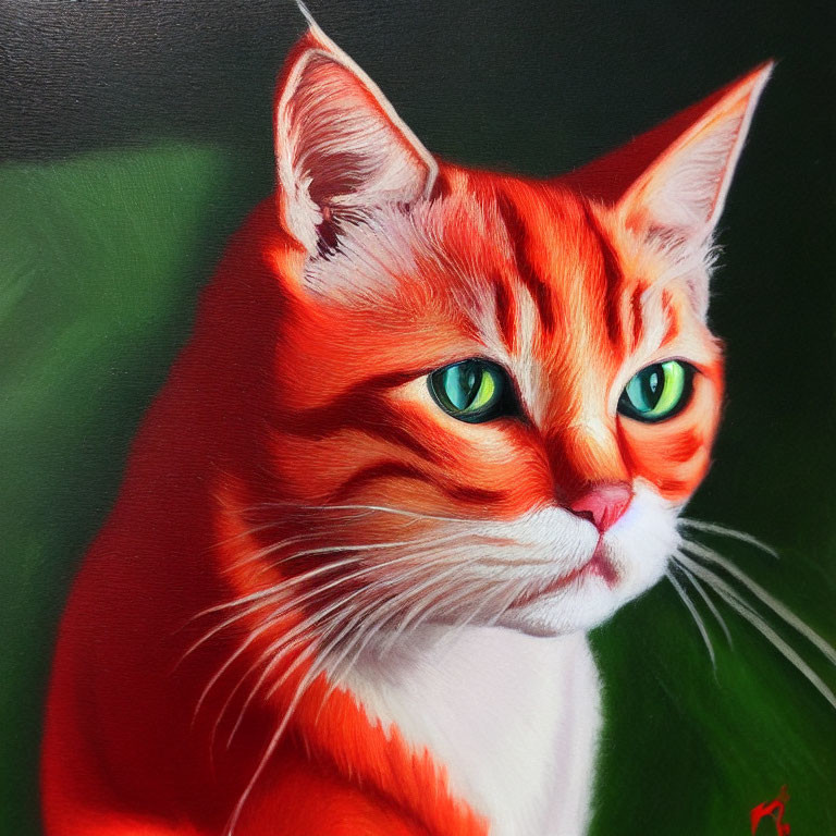 Realistic Painting of Orange and White Cat with Green Eyes