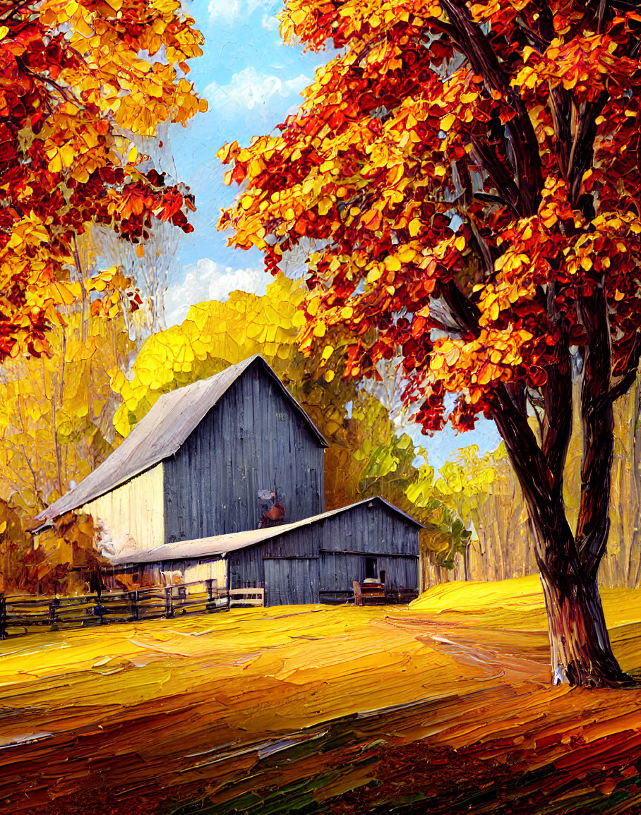 Vibrant autumn scene with classic barn and colorful foliage