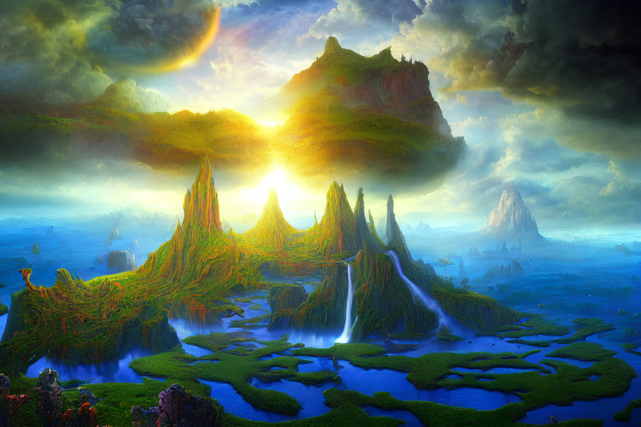 Majestic waterfalls, lush islands, radiant sunrise in fantastical landscape