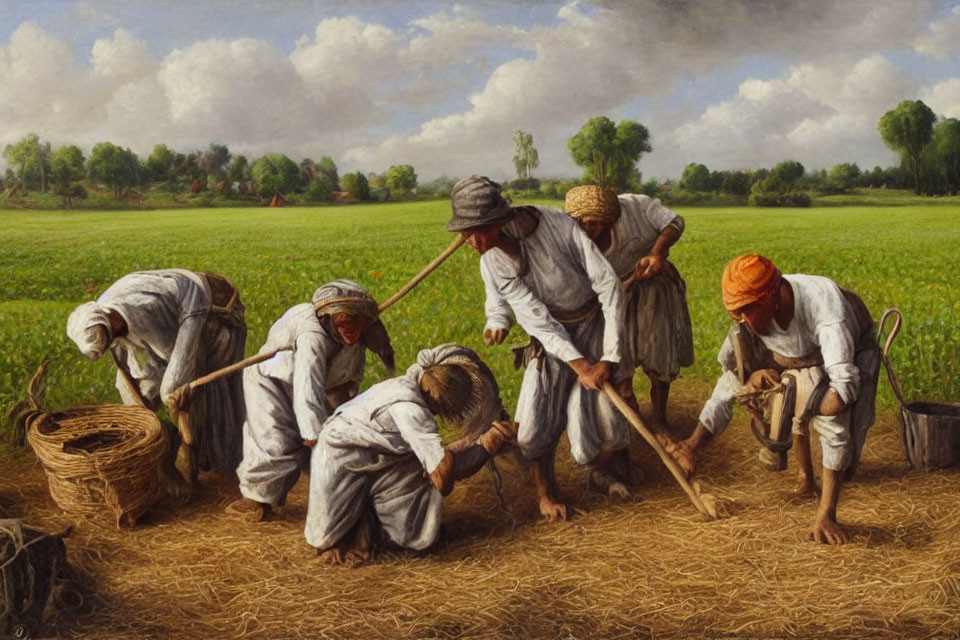 Workers harvesting wheat in field with sickles and basket under cloudy sky