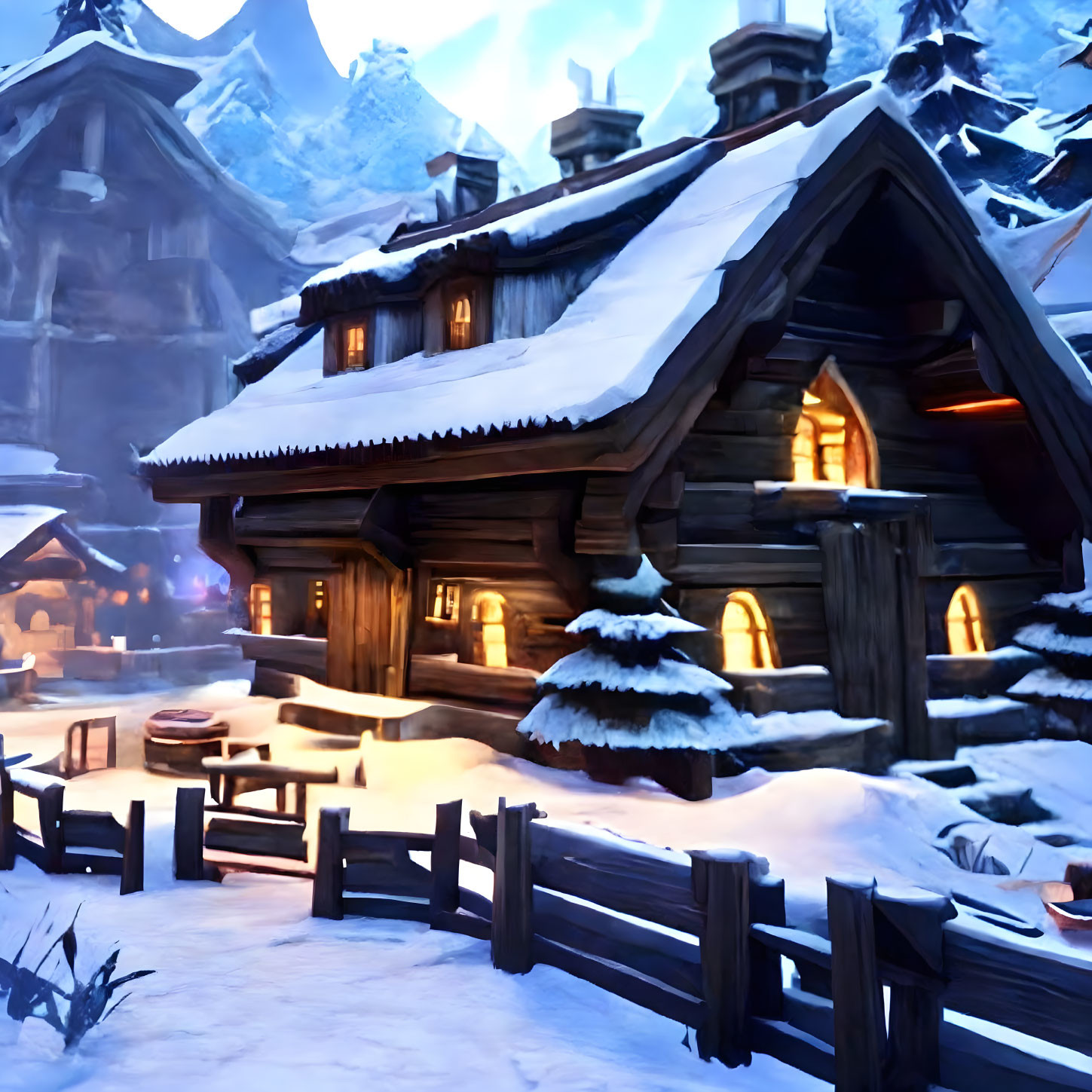 Snow-covered cabins in winter village: glowing windows, pine trees, tranquil dusk