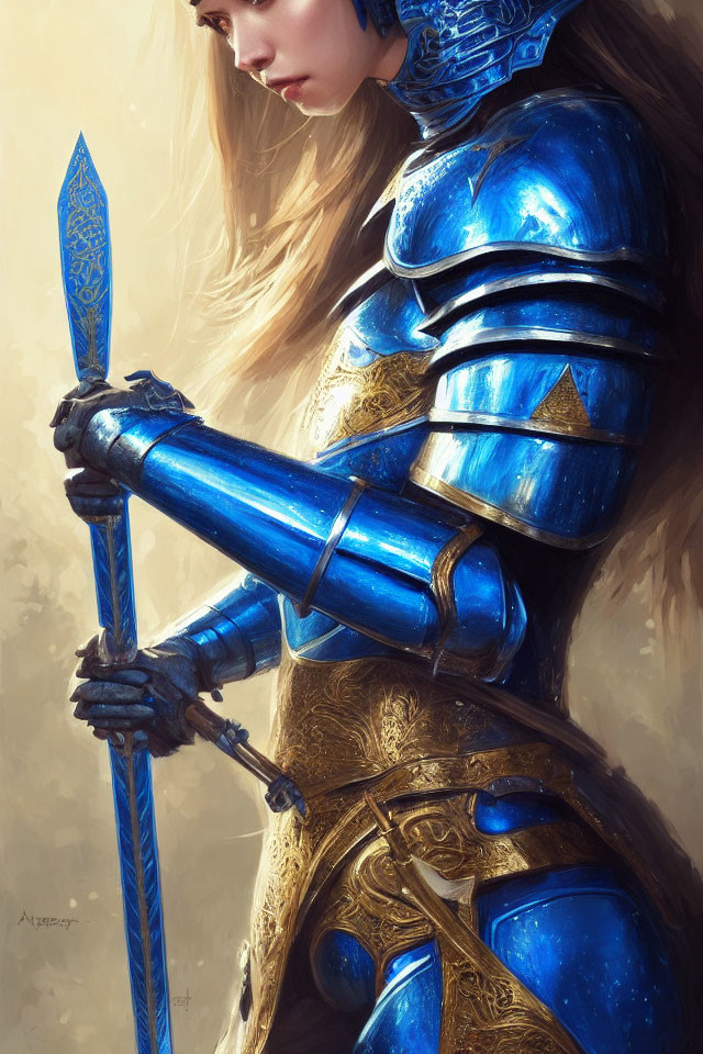 Female knight in blue and gold armor with spear and thoughtful gaze