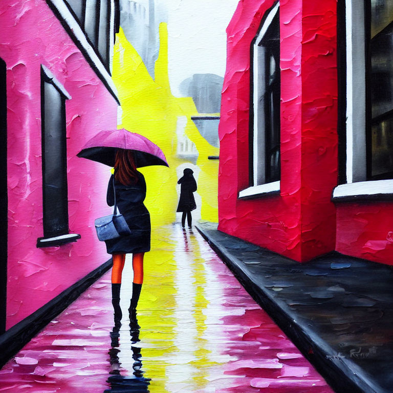 Person with Yellow Umbrella on Wet Street Flanked by Pink Walls