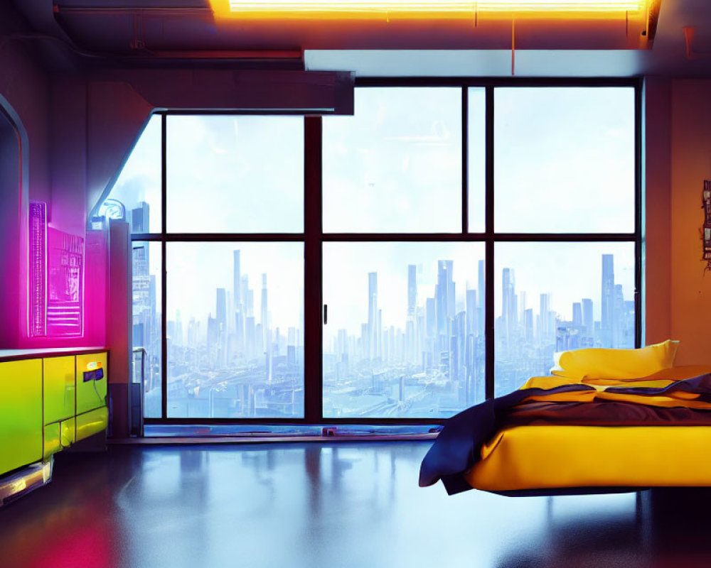 Futuristic Bedroom with Neon Lights and City View