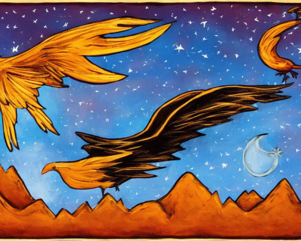 Stylized birds with feathers flying over desert landscape at night