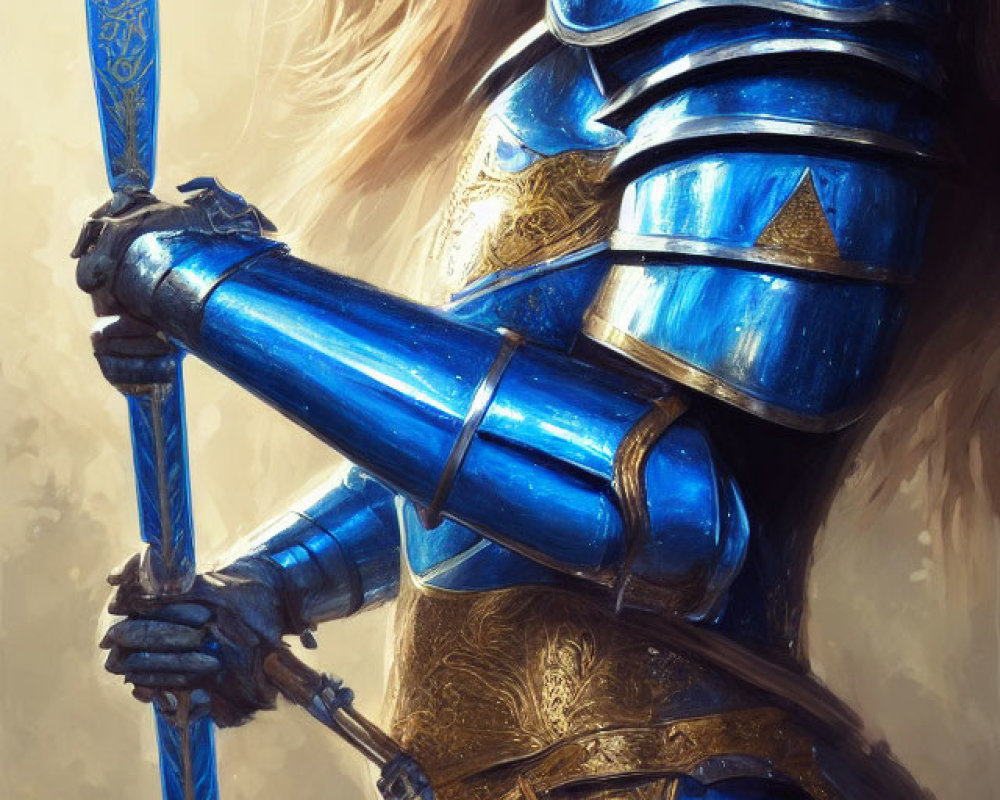 Female knight in blue and gold armor with spear and thoughtful gaze