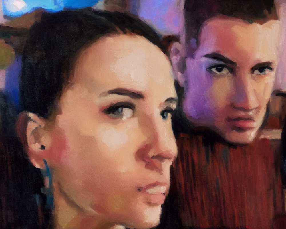 Contemplative woman and man in blurred background painting