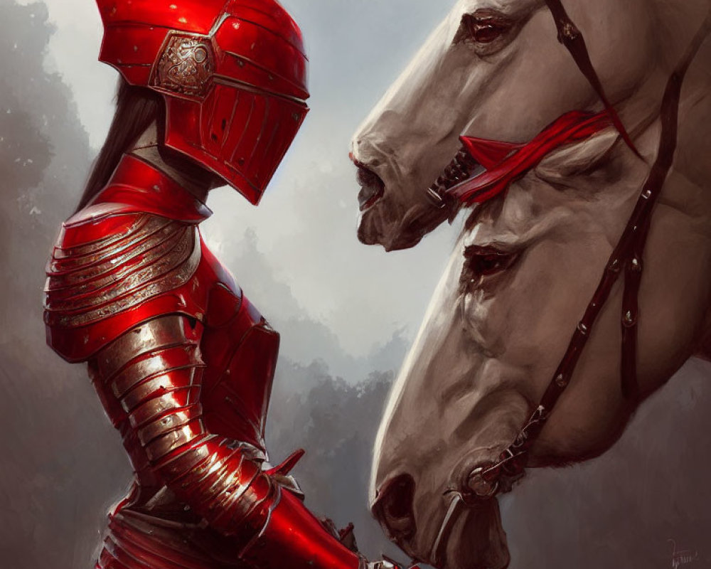 Knight in Red Armor with White Horse in Misty Setting