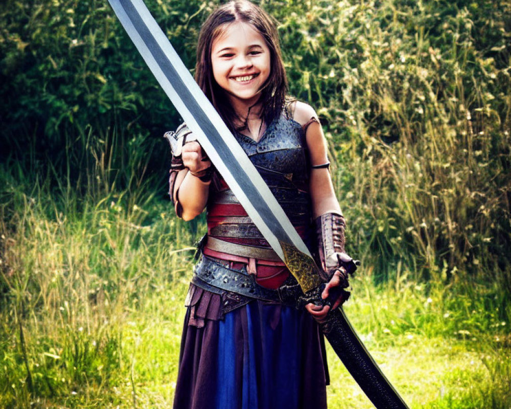 Young girl in medieval armor with oversized sword in grassy field