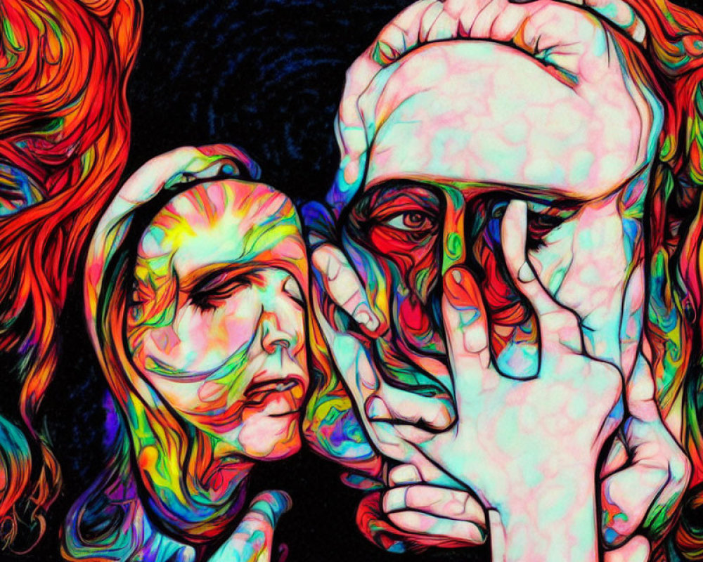 Colorful digital artwork of two faces with swirling bright colors