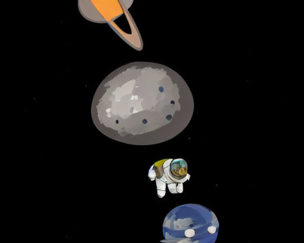 Vibrant cartoon astronaut in space with planets, moon, satellite, spaceship