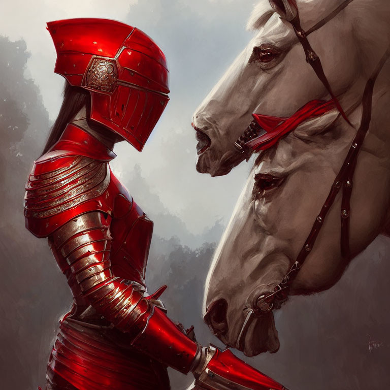 Knight in Red Armor with White Horse in Misty Setting