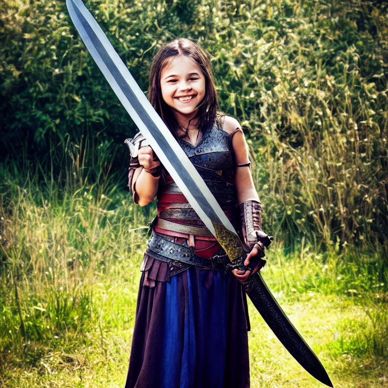 Young girl in medieval armor with oversized sword in grassy field