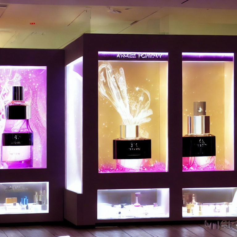 Three Large Backlit Perfume Bottles in Illuminated Store Display