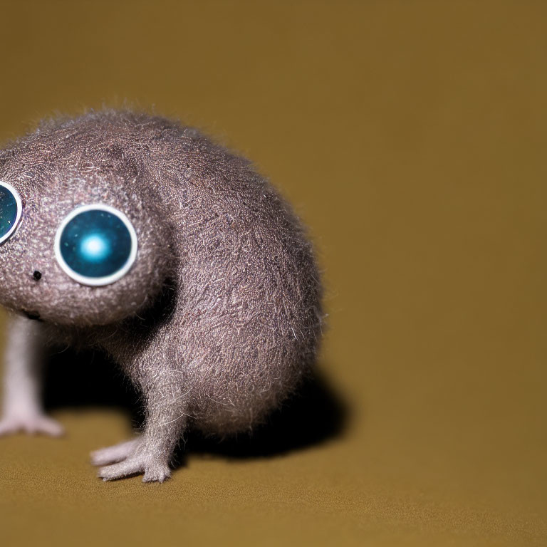 Exaggerated blue-eyed plush toy on brown background