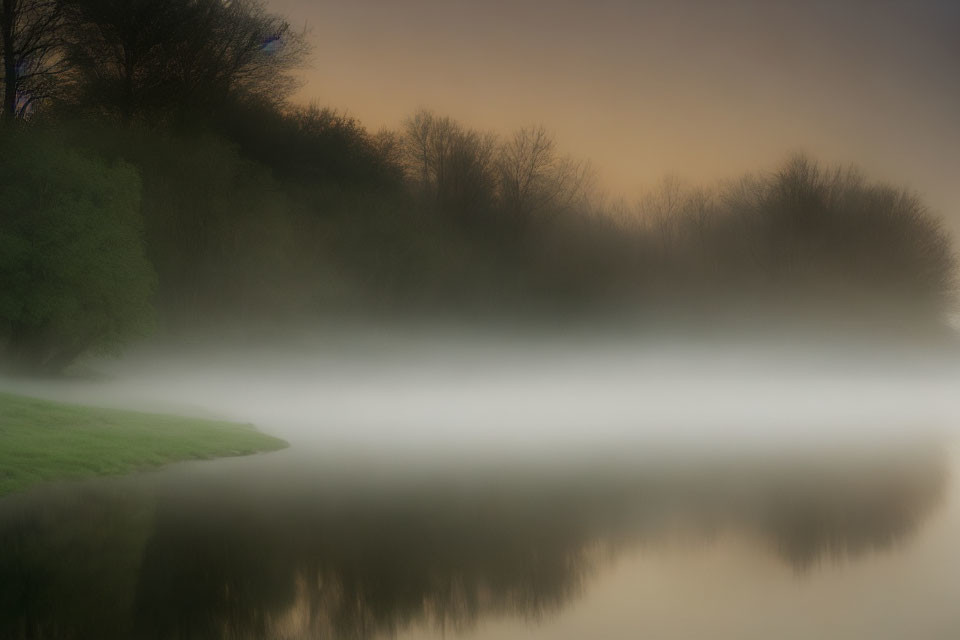 Misty river landscape at twilight with reflection trees and gradient sky