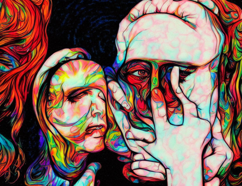 Colorful digital artwork of two faces with swirling bright colors