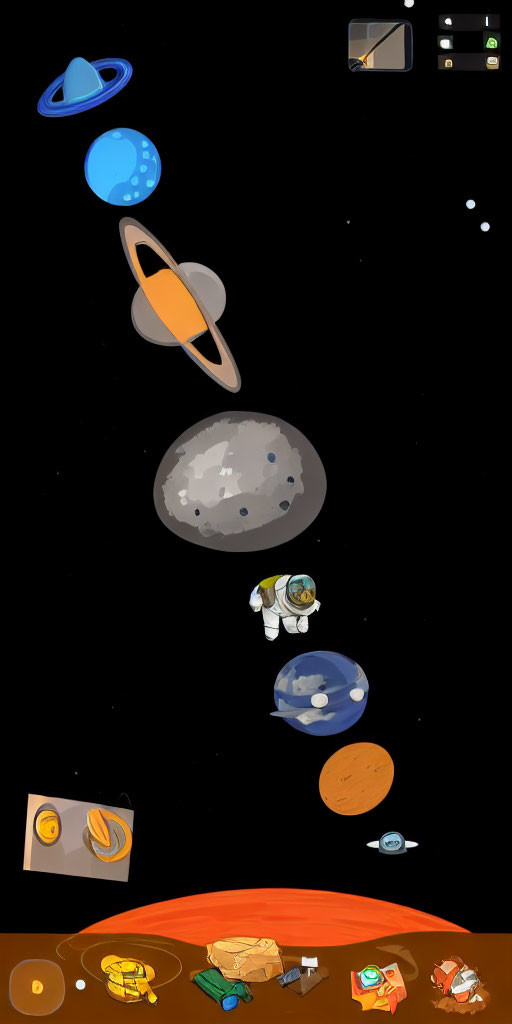 Vibrant cartoon astronaut in space with planets, moon, satellite, spaceship