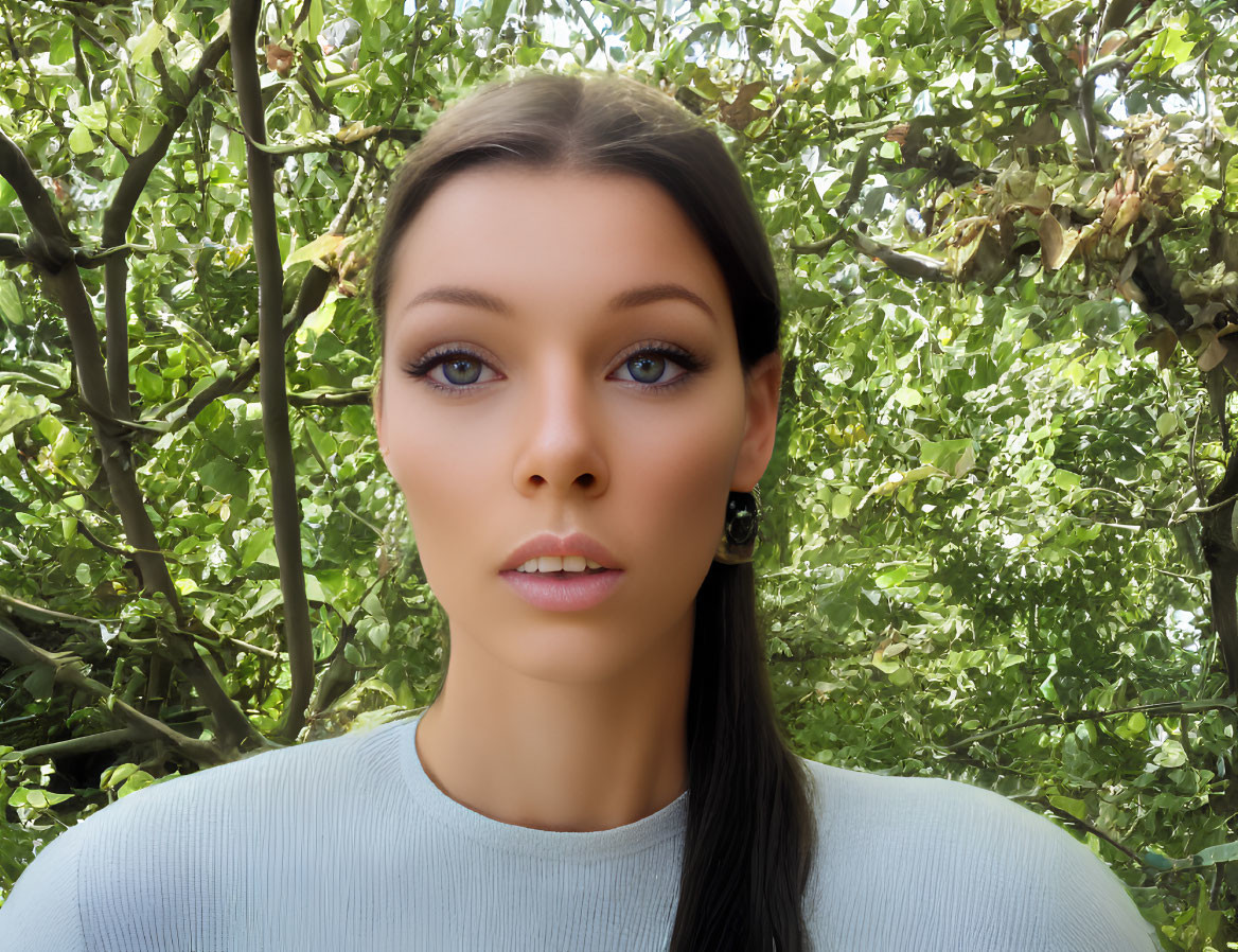 Woman with Ponytail and Blue Top Standing in Front of Lush Green Foliage