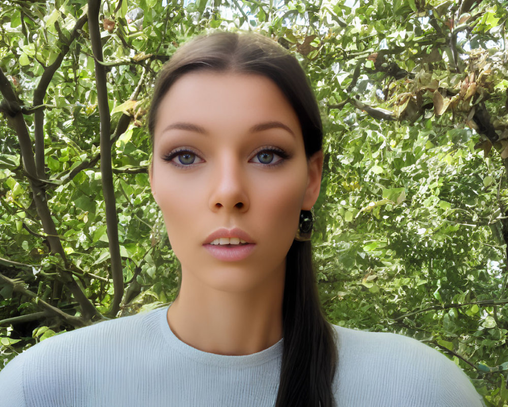 Woman with Ponytail and Blue Top Standing in Front of Lush Green Foliage