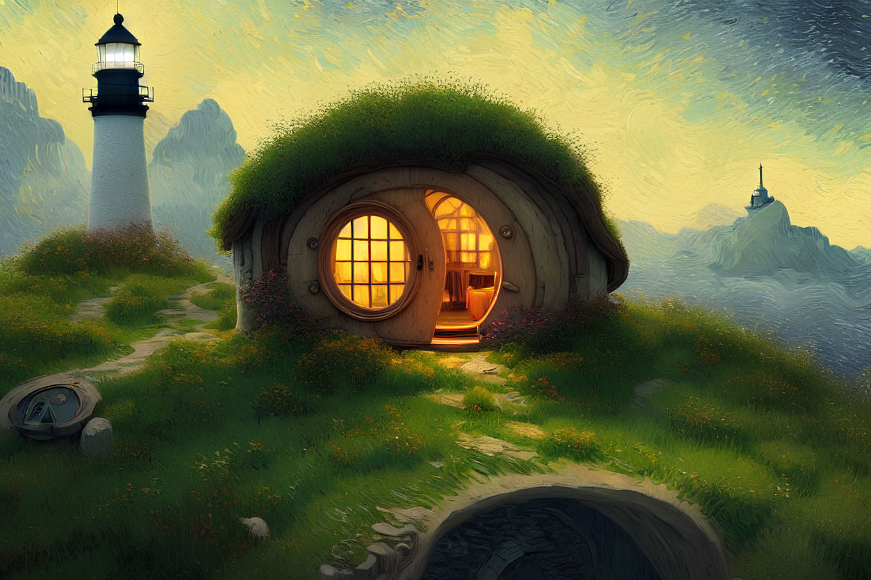 Hilltop hobbit-style house with round door near lighthouse at sunset