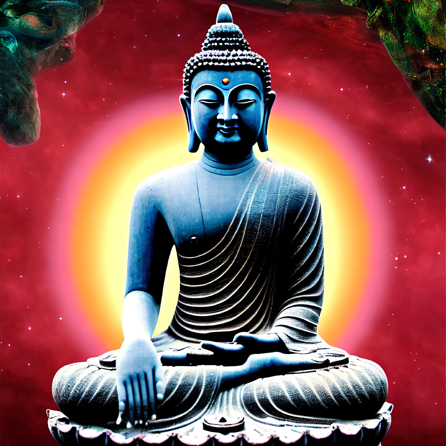 Serene Buddha statue meditating with vibrant halo on cosmic background