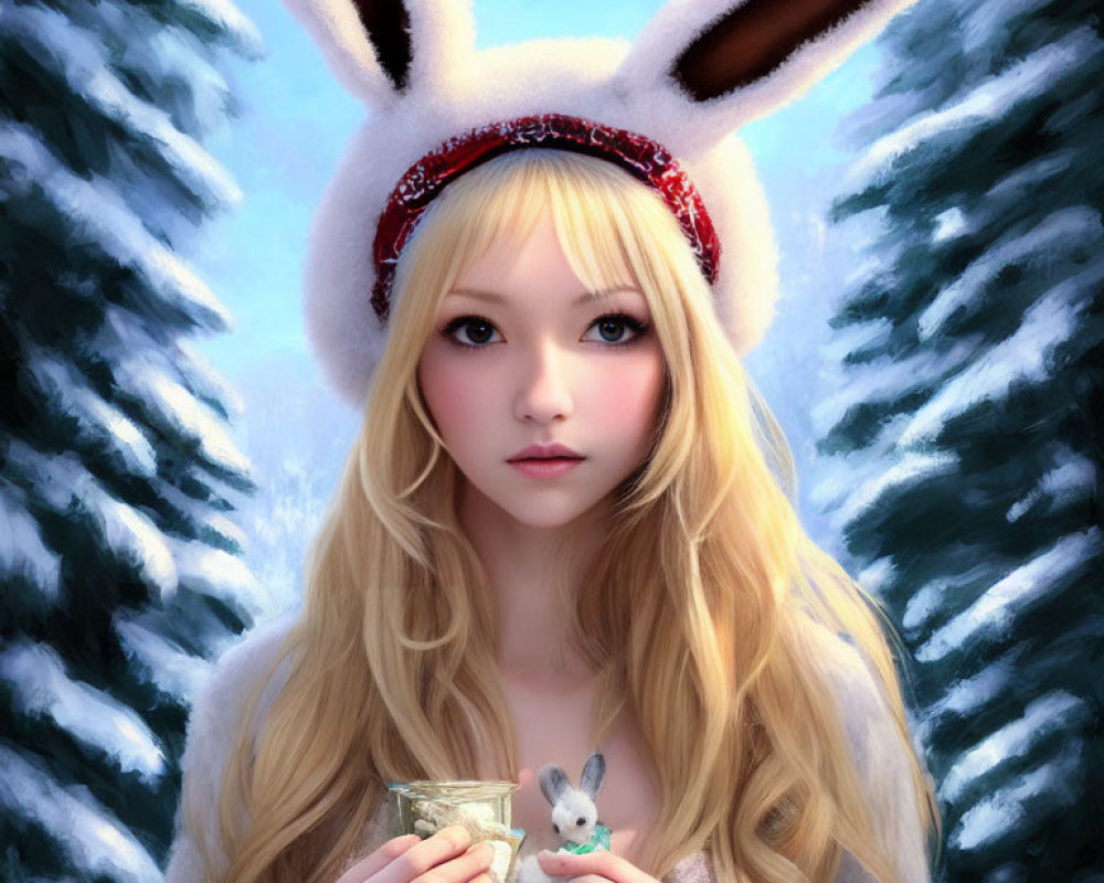 Blonde person with bunny ears, holding figurine in snowy forest.