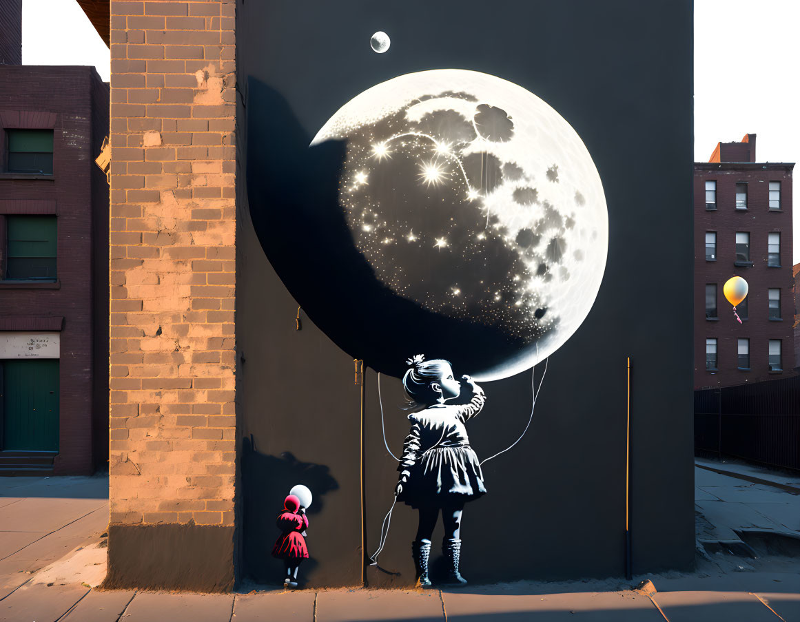 Mural of girl with ponytail and moon balloon in urban setting