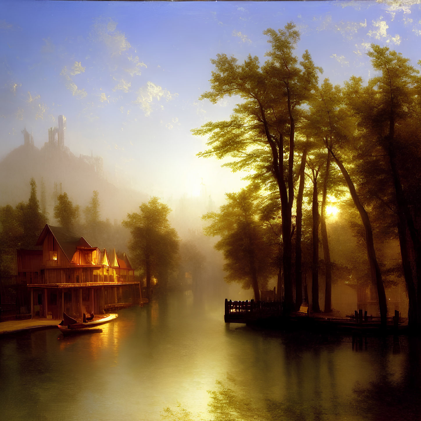 Riverside sunrise with boat, misty castle, and wooden houses