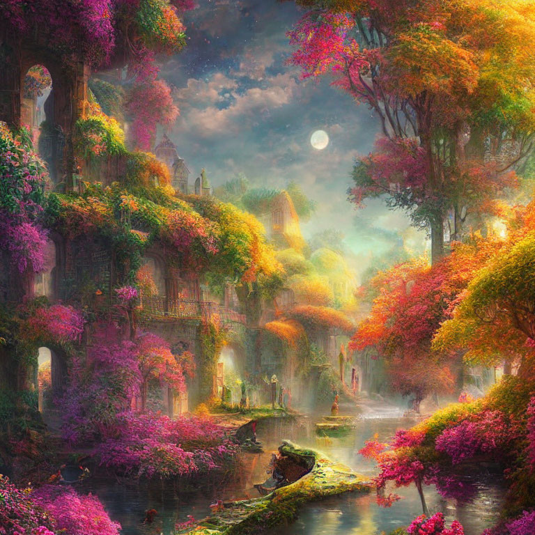 Vibrant Fantasy Landscape with Colorful Trees, Ethereal River, and Quaint Houses