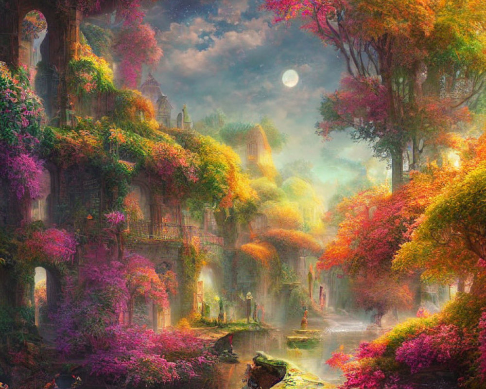 Vibrant Fantasy Landscape with Colorful Trees, Ethereal River, and Quaint Houses