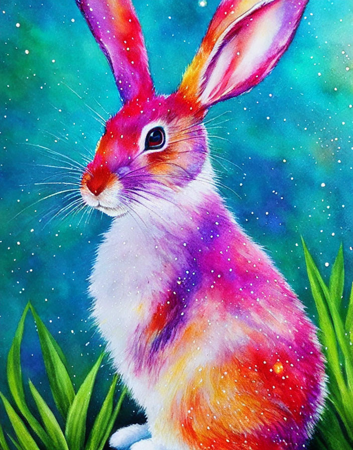 Colorful cosmic-themed rabbit painting on green grass background