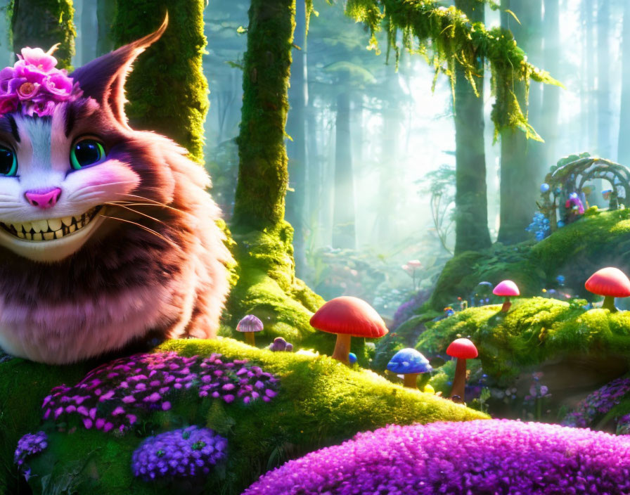 Vibrant animated cat in mystical forest with colorful mushrooms