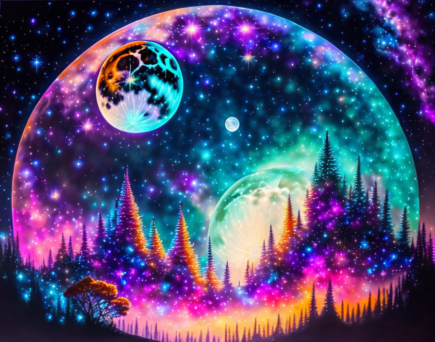 Colorful digital art: Forest silhouette on cosmic sky with planets and nebula.