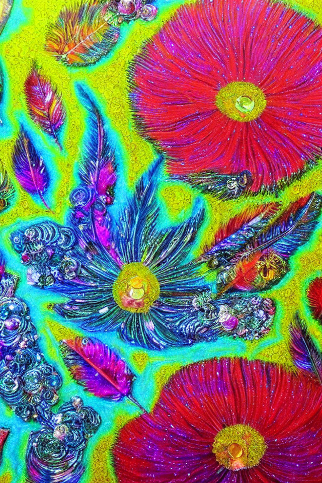 Colorful Psychedelic Artwork: Fluorescent Red Flowers, Swirling Patterns, Feather-like