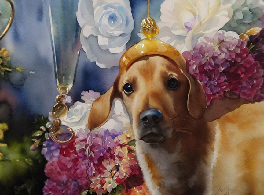 Brown Dog in Yellow Hat Surrounded by Flowers and Beads