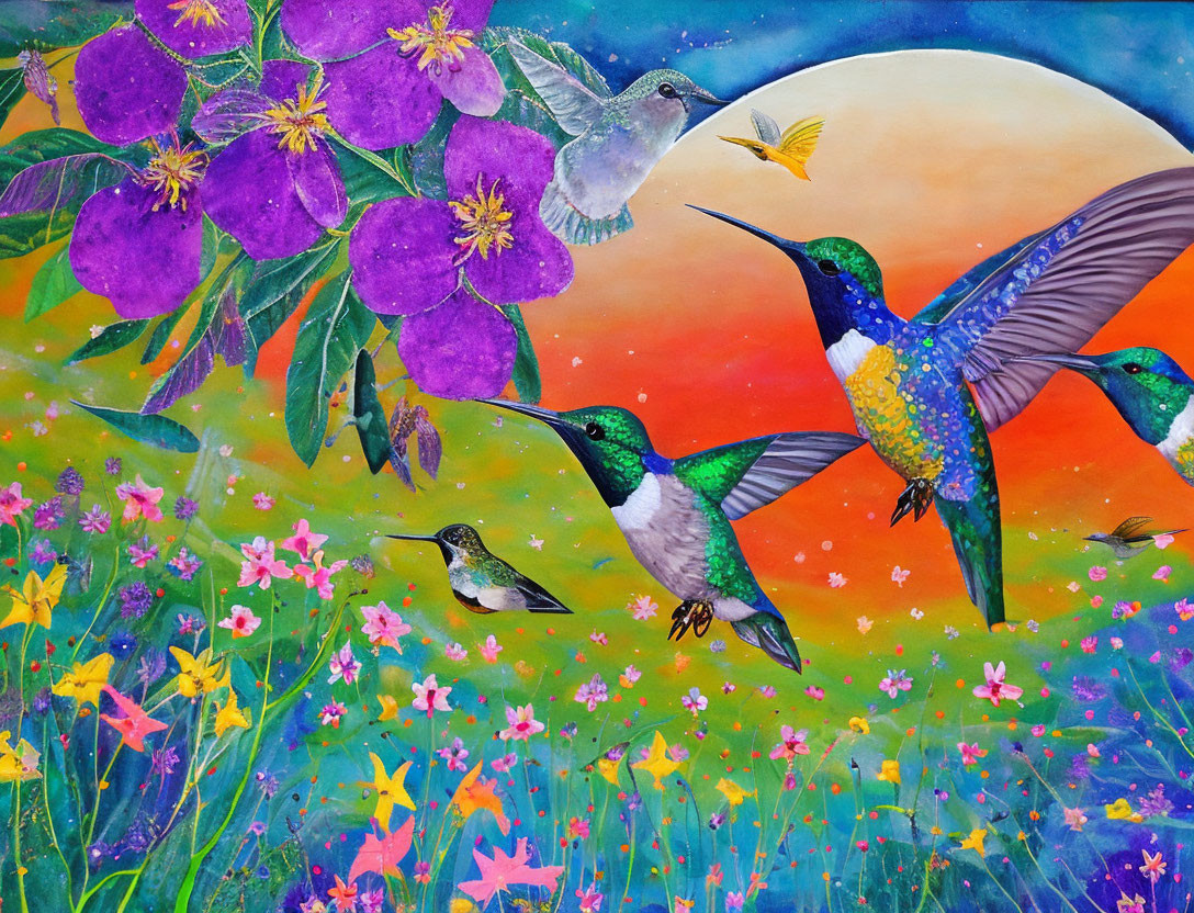 Vibrant hummingbirds painting with purple flowers and sunset sky