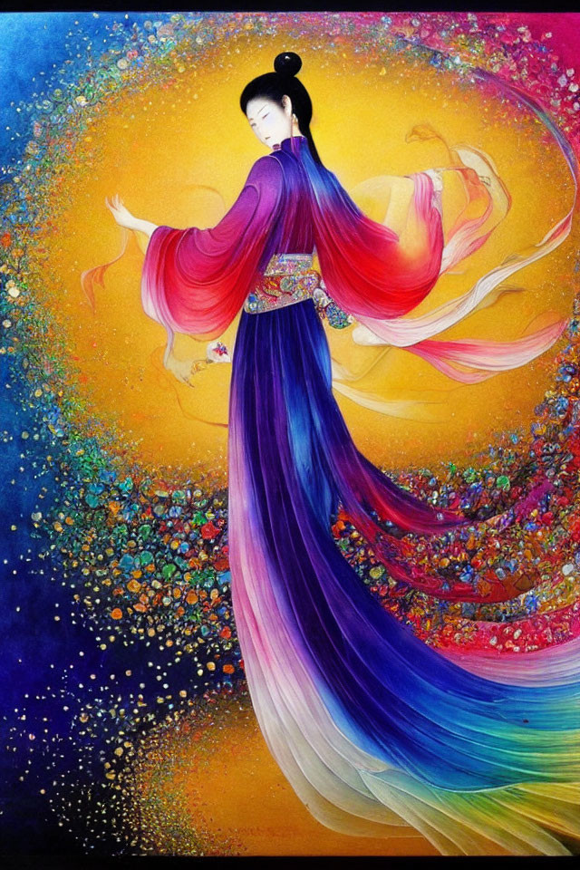 Vibrant Asian woman in gradient robes on starry backdrop