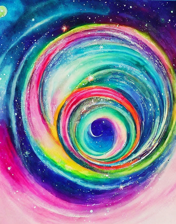 Colorful Watercolor Painting of Cosmic Spiral Galaxy in Blue, Pink, and Green