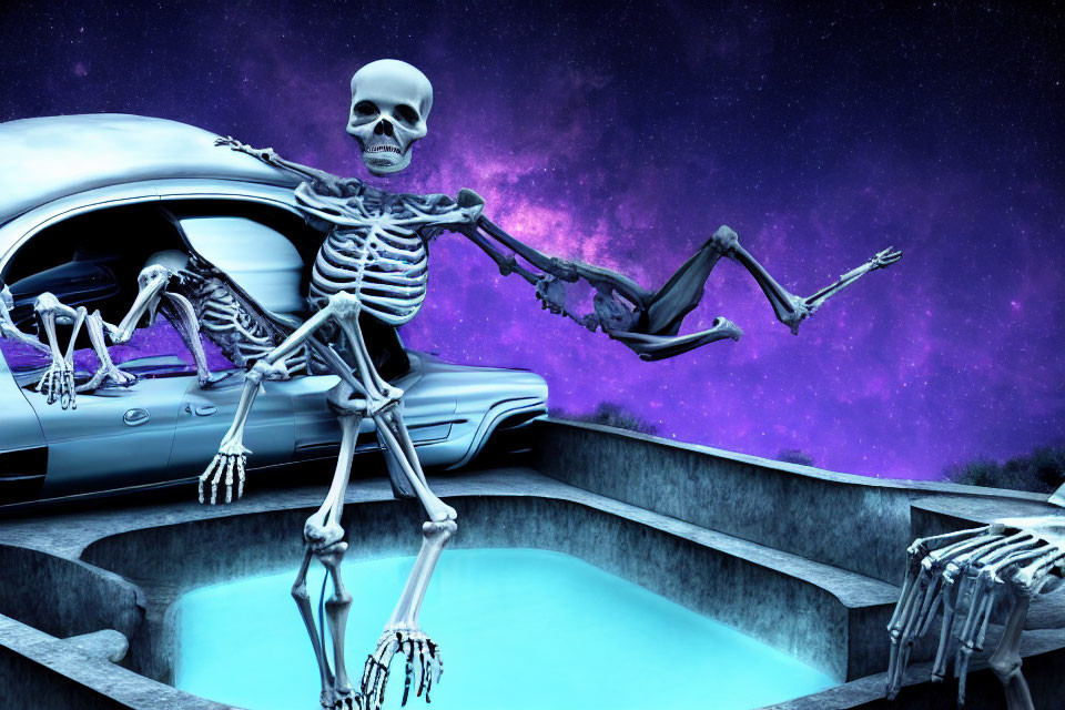 Skeletons posed around classic car under starry purple sky, one by blue-lit pool.