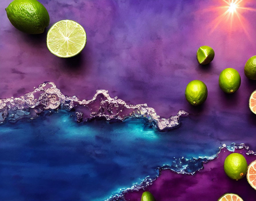 Fresh limes and water splash on colorful surface