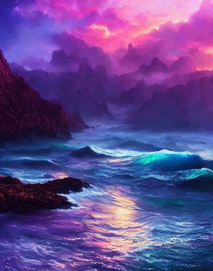 Vivid Seascape with Pink Clouds, Turquoise Waves, and Purple Haze