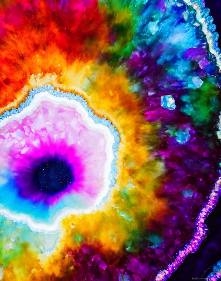 Colorful Close-Up of Vibrant Geode with Blue, Purple, Yellow, Orange, and Red