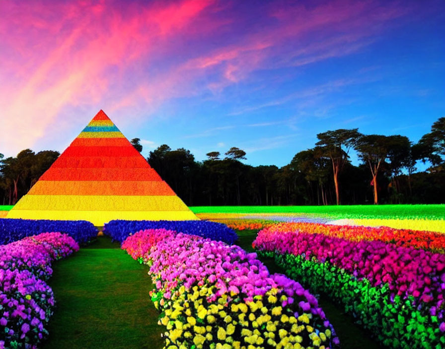 Colorful Flower Pyramid in Vibrant Garden Sunset Sky